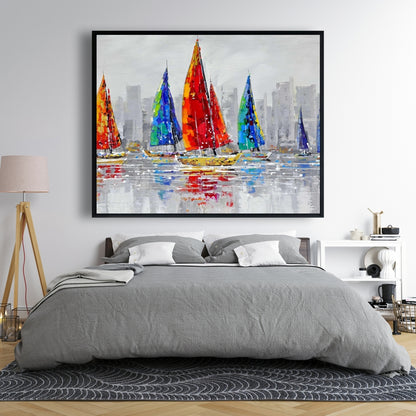Toile Bateaux colorés | Décoration contemporaine avec cadre bleu