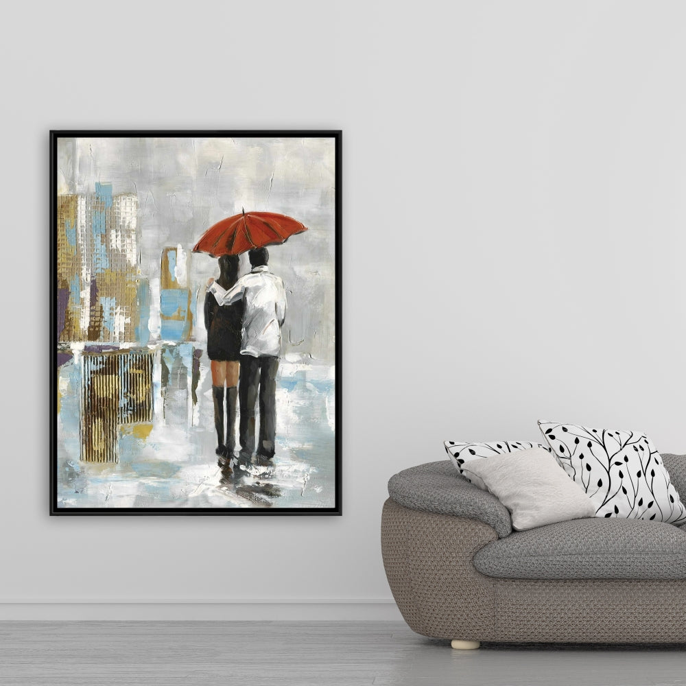 Couple marchant sous un parapluie | Toile encadrée abstraite