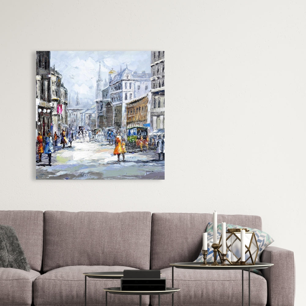 Busy Street Blue Building Canvas | Cloudy Day Home Decor