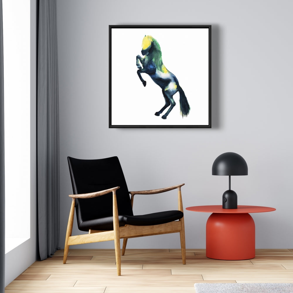 Toile encadrée représentant un cheval bleu et des animaux de la ferme, décoration d'intérieur