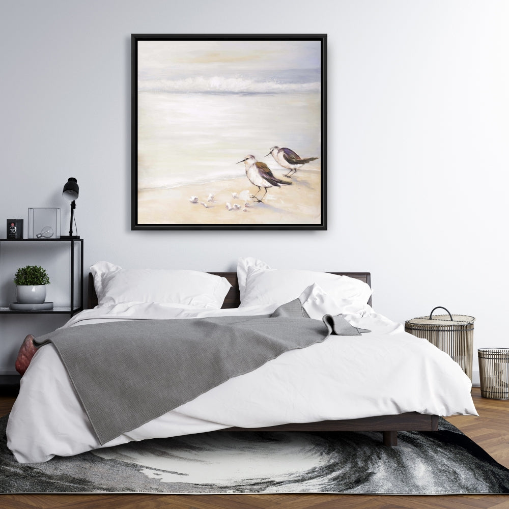 Deux bécasseaux sur la plage | Toile encadrée grise marine