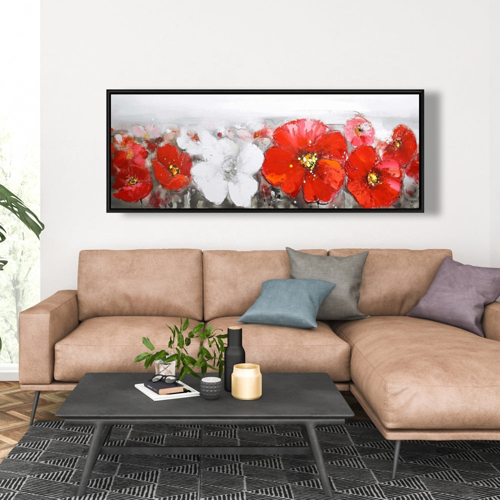 Champ gris avec fleurs rouges | Toile encadrée à fleurs rouges