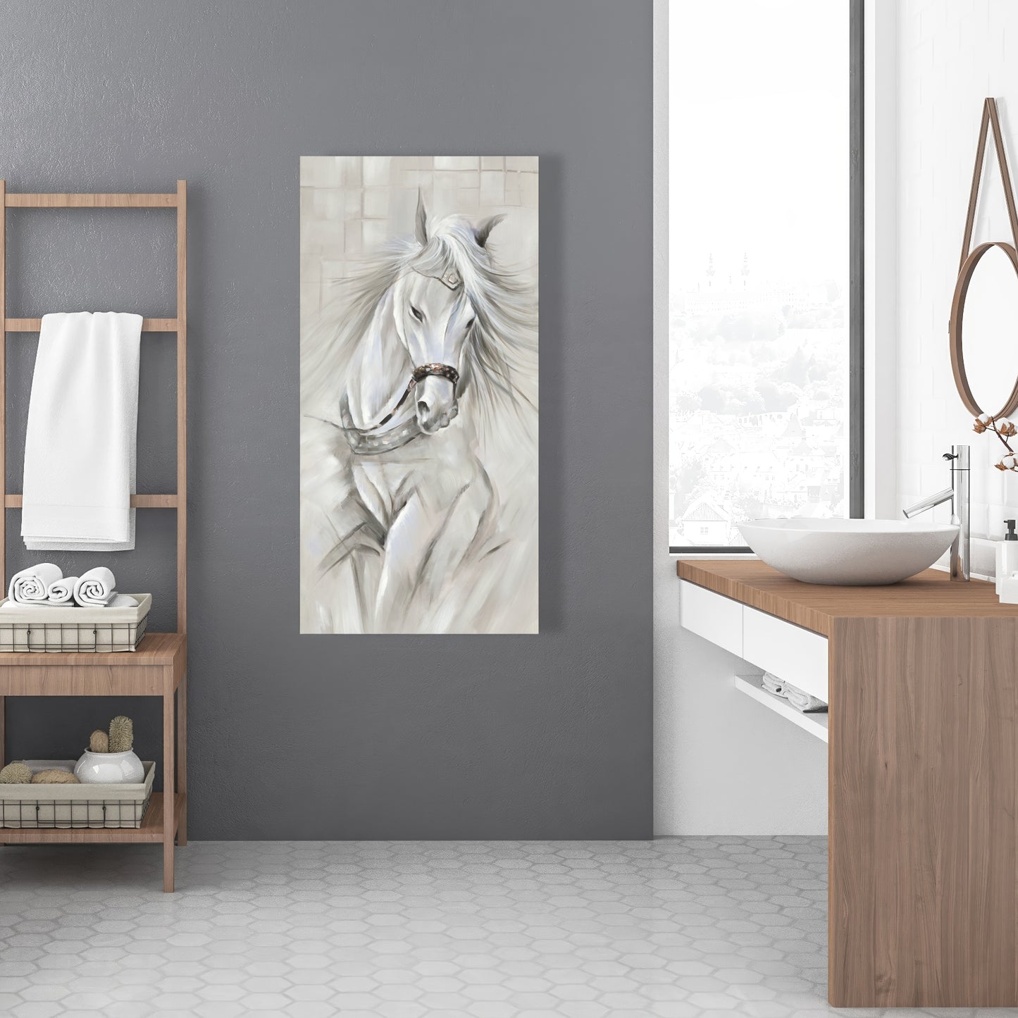 White Horse in Wind Canvas | Industrial Bedroom Wall Decor