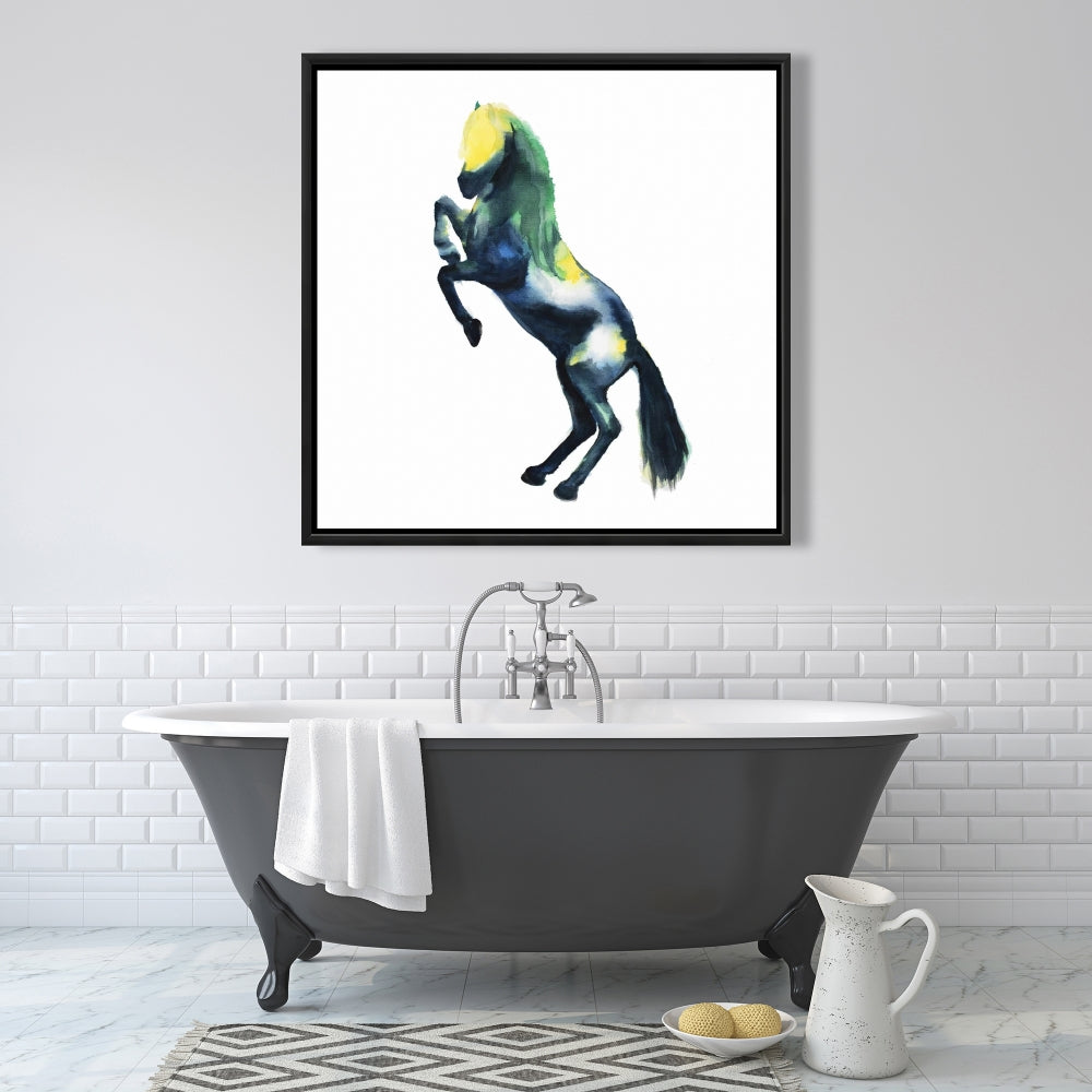 Toile encadrée représentant un cheval bleu et des animaux de la ferme, décoration d'intérieur