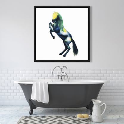 Toile encadrée représentant un cheval bleu et des animaux de la ferme, décoration d'intérieur