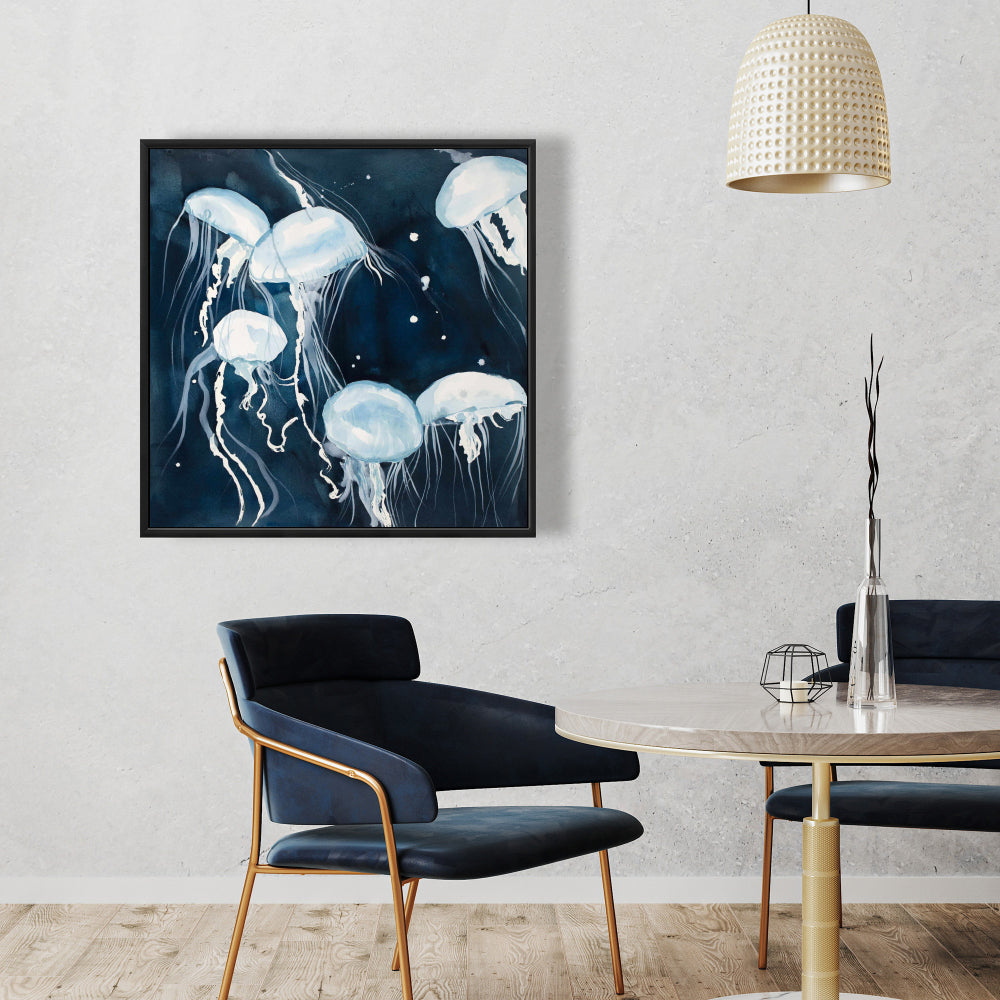 Toile décorative encadrée bleue représentant les animaux de la chambre de Méduse