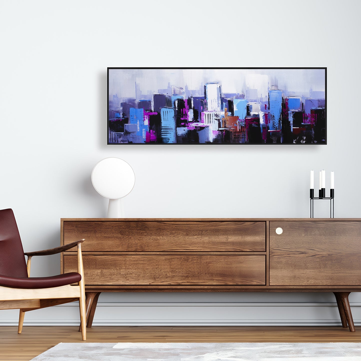 Toile abstraite bleue et violette représentant une ville - Décoration d'intérieur contemporaine