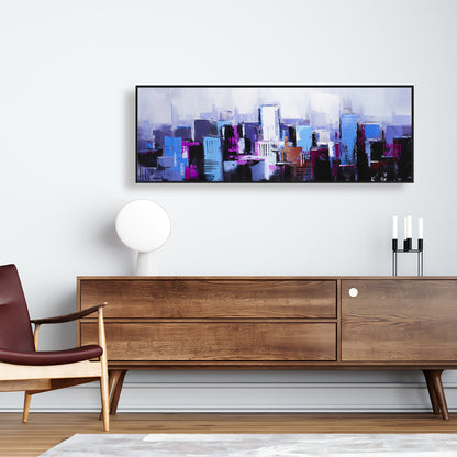 Toile abstraite bleue et violette représentant une ville - Décoration d'intérieur contemporaine