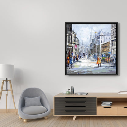 Rue animée par temps nuageux | Décoration murale sur toile bleue pour chambre à coucher