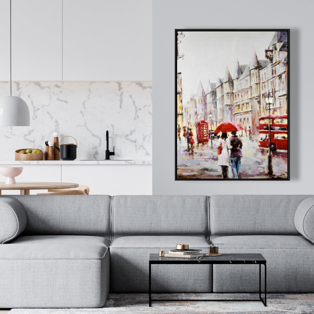 Toile encadrée rouge « Rue européenne un jour de pluie » - Décoration d'intérieur