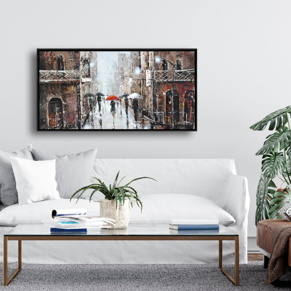 Toile City Rain - Cadre marron | Décoration murale pour chambre à coucher