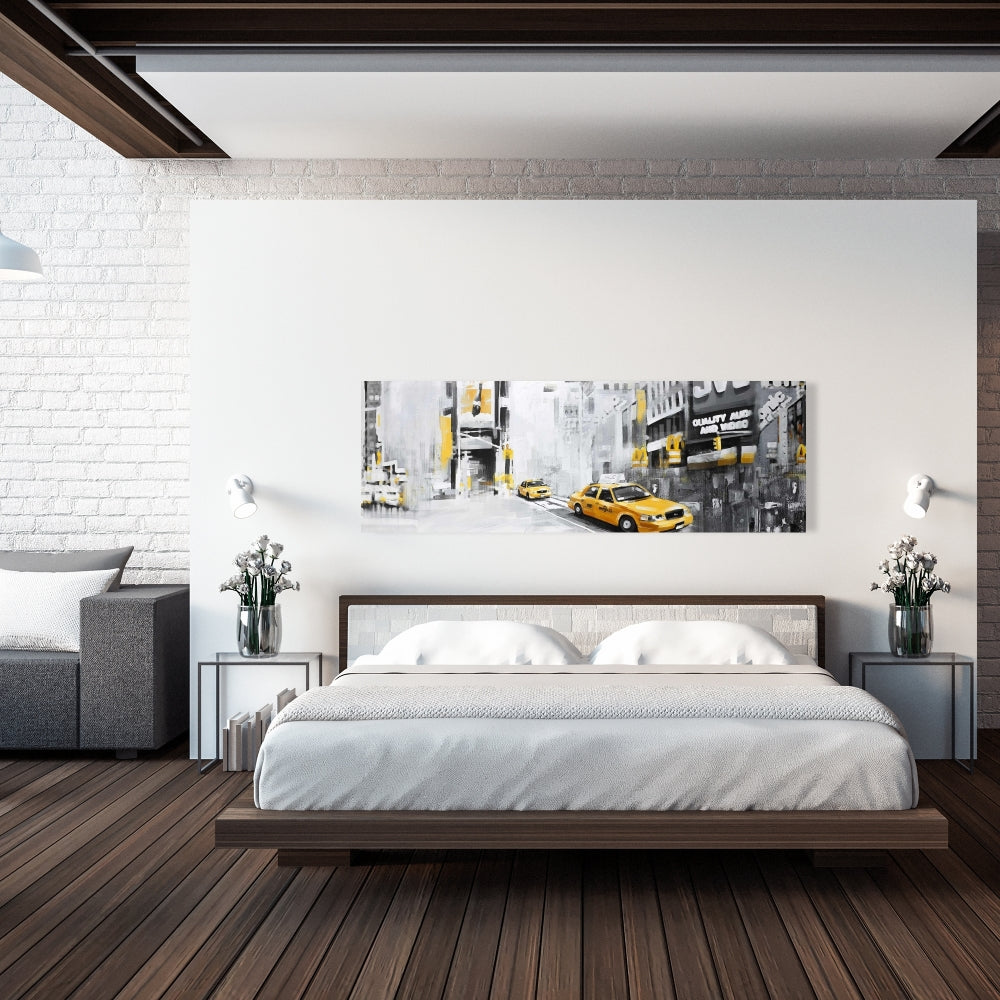 Toile de chambre à coucher Gray Building – Décor de New York avec taxis