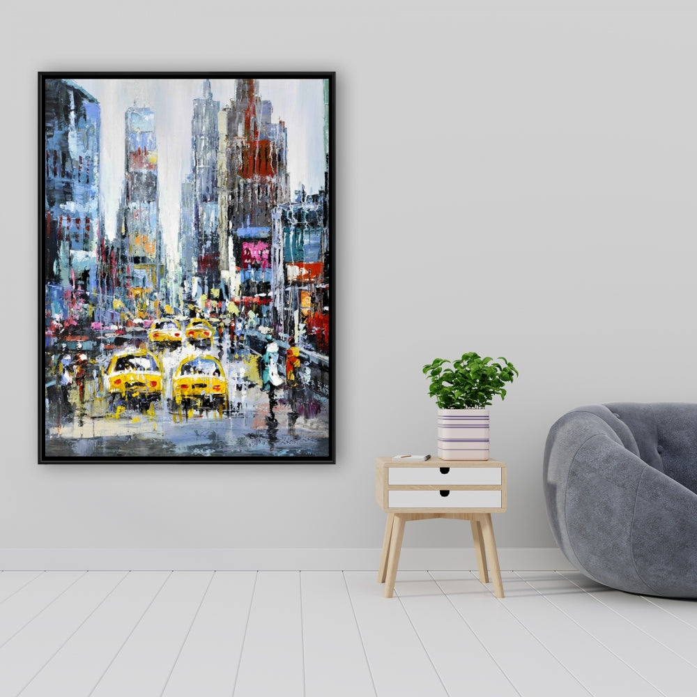 Scène urbaine avec taxis jaunes - Toile décorative encadrée bleue