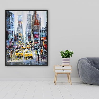 Scène urbaine avec taxis jaunes - Toile décorative encadrée bleue