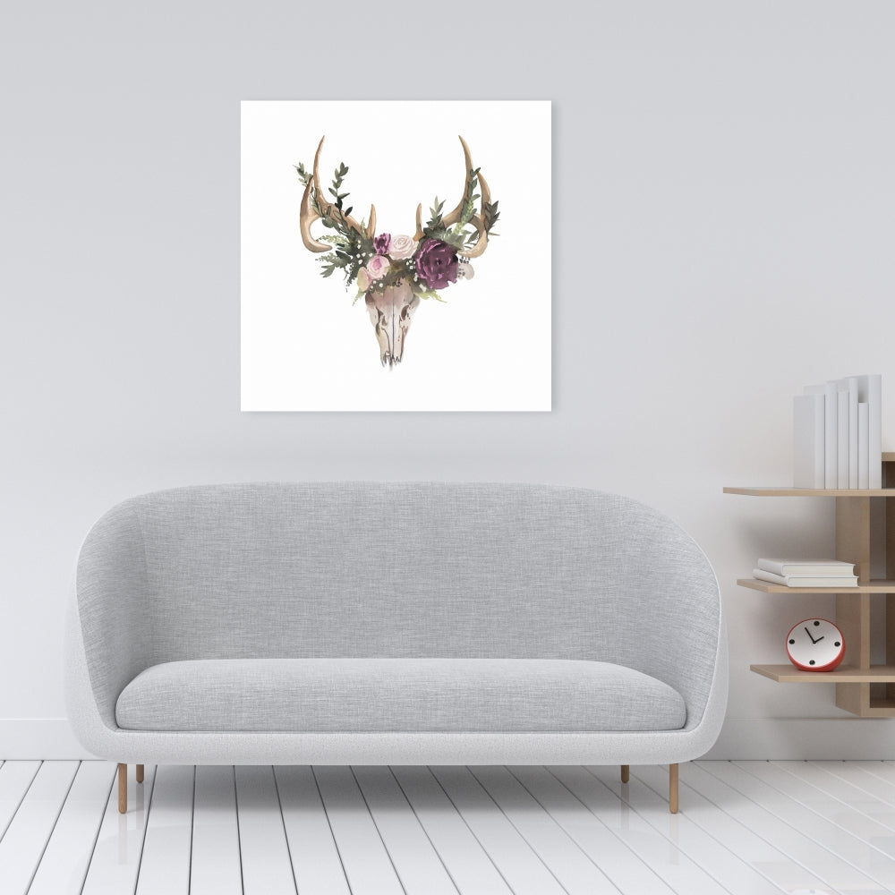 Rustic Deer Skull with Flowers Canvas - Animal Bedroom Decor
