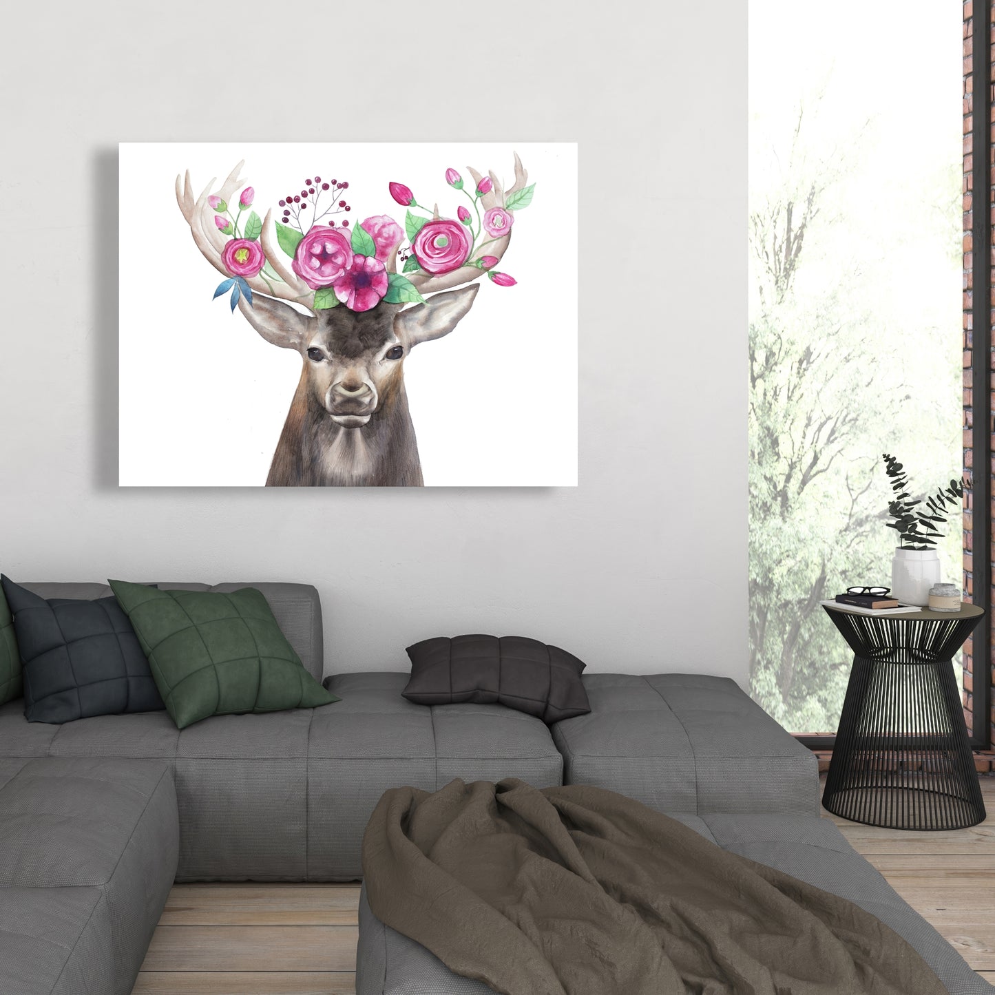 Toile romantique « Cerf brun » – Décor tête de cerf avec fleurs