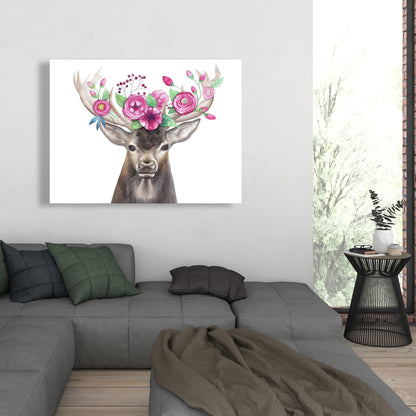 Toile romantique « Cerf brun » – Décor tête de cerf avec fleurs
