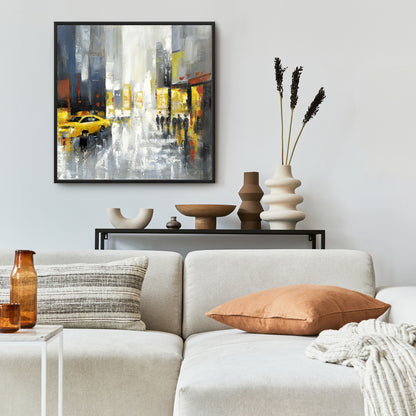 Toile encadrée grise contemporaine - Décoration de rue pluvieuse et animée