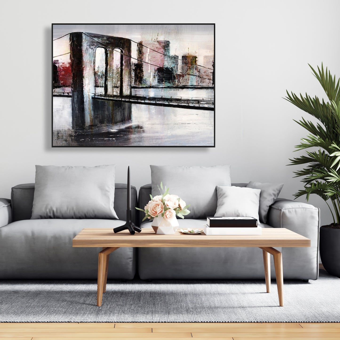 Paysage urbain abstrait avec pont | Toile encadrée sur bâtiment gris