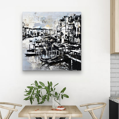 Abstract Venise Port Canvas - Blue Boat Bedroom Wall Art