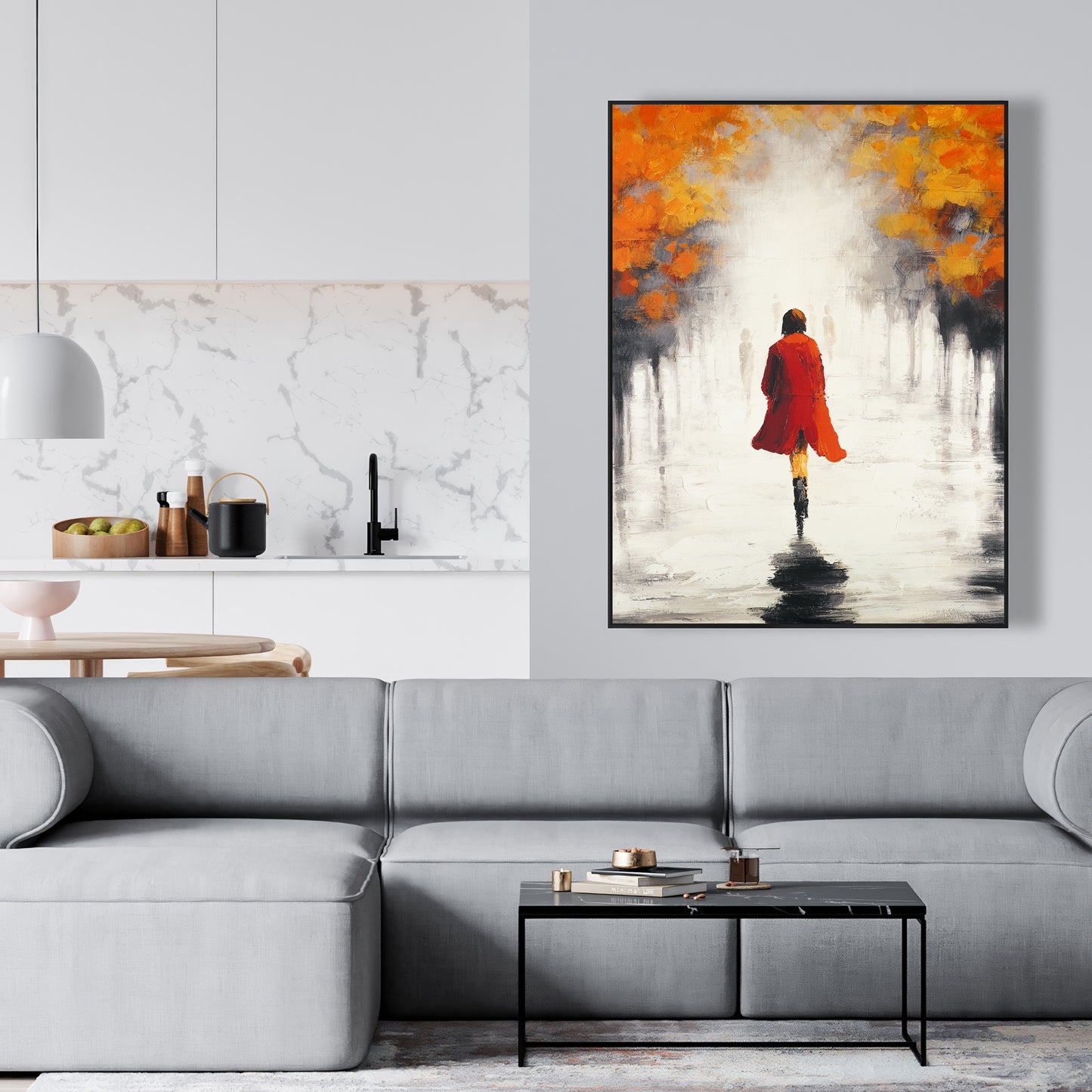 Toile Paysages gris et arbres | Décoration murale Femme en manteau rouge