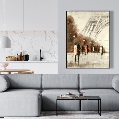 Toile de paysage de rue : Promenade de la Tour Eiffel, cadre de bâtiment marron