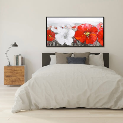 Champ gris avec fleurs rouges | Toile encadrée à fleurs rouges