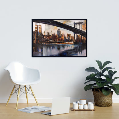 Toile « Coucher de soleil sur New York » | Cadre marron industriel