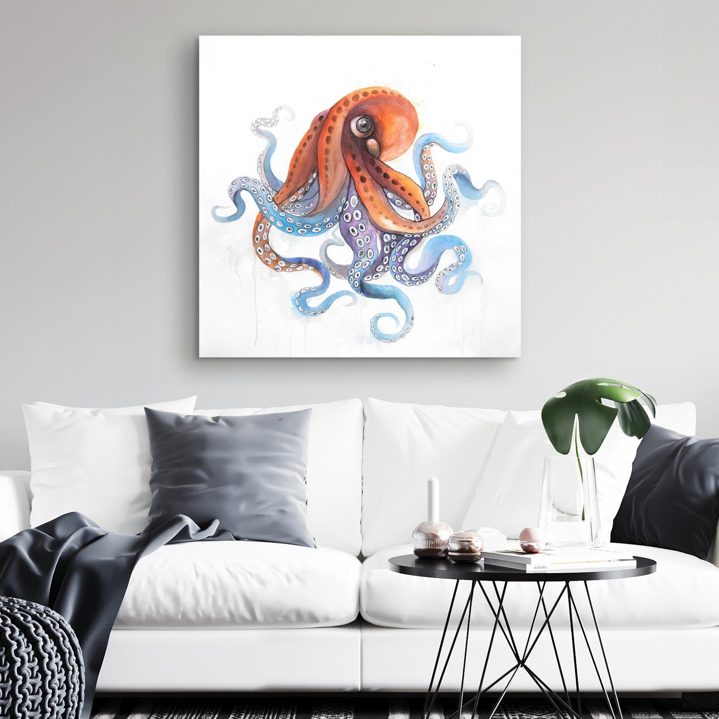 Toile bleue amusante et colorée avec pieuvre | Décoration aquatique