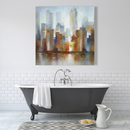 Paysage urbain dans le brouillard sur toile bleue | Décoration d'intérieur moderne