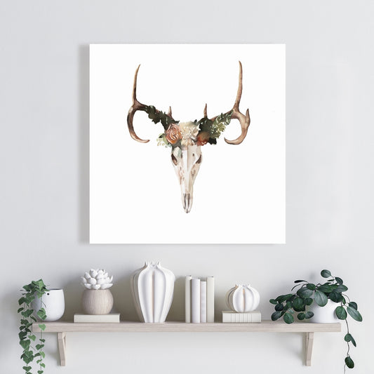 Rustic Deer Skull Canvas with Roses - Bedroom Wall Decor