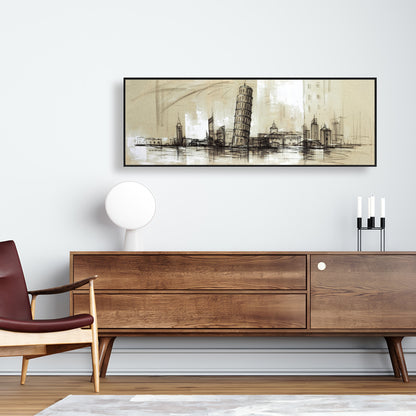 Toile encadrée beige « Chambres et villes » - Décor de croquis de la tour Pise