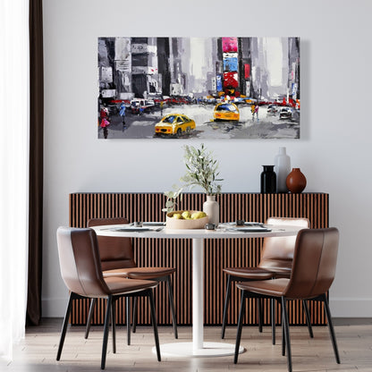 Rue abstraite avec taxis jaunes – Toile bleue pour décoration de chambre