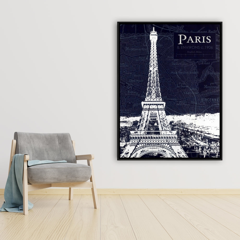 Toile encadrée Plan de Paris et Tour Eiffel - Décoration d'intérieur