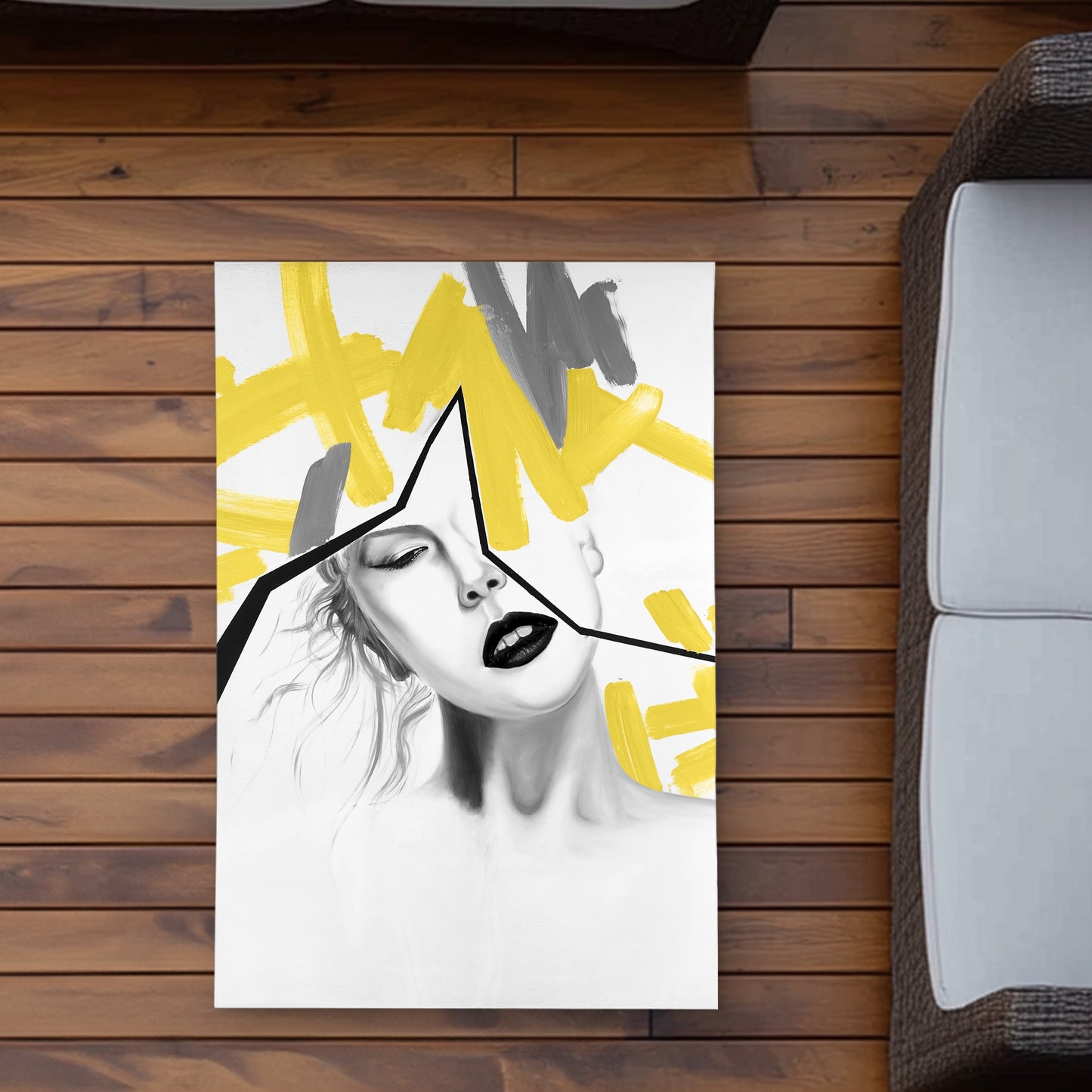 Woman with Yellow Line - Modern Yellow Outdoor Area Rug