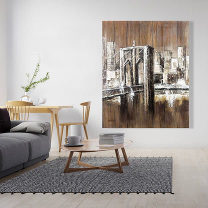 Aged Finish Brooklyn Bridge Canvas | Bedroom Decor - Brown