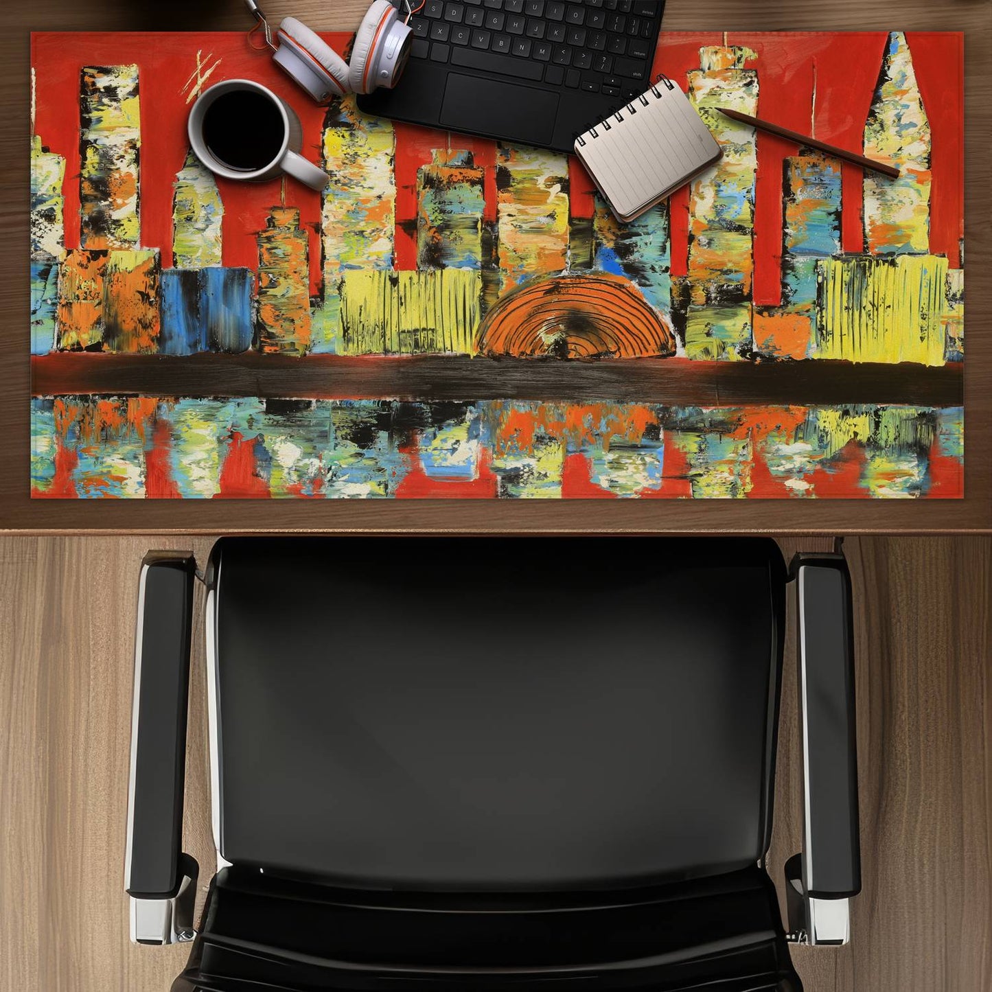 Yellow Bedroom Desk Mat - Red Abstract Skyline Decor