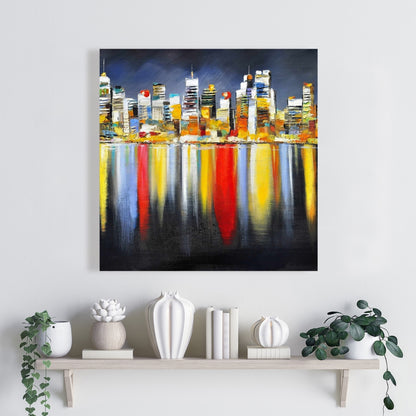 Colorful Night Cityscape Canvas | Contemporary Bedroom Decor