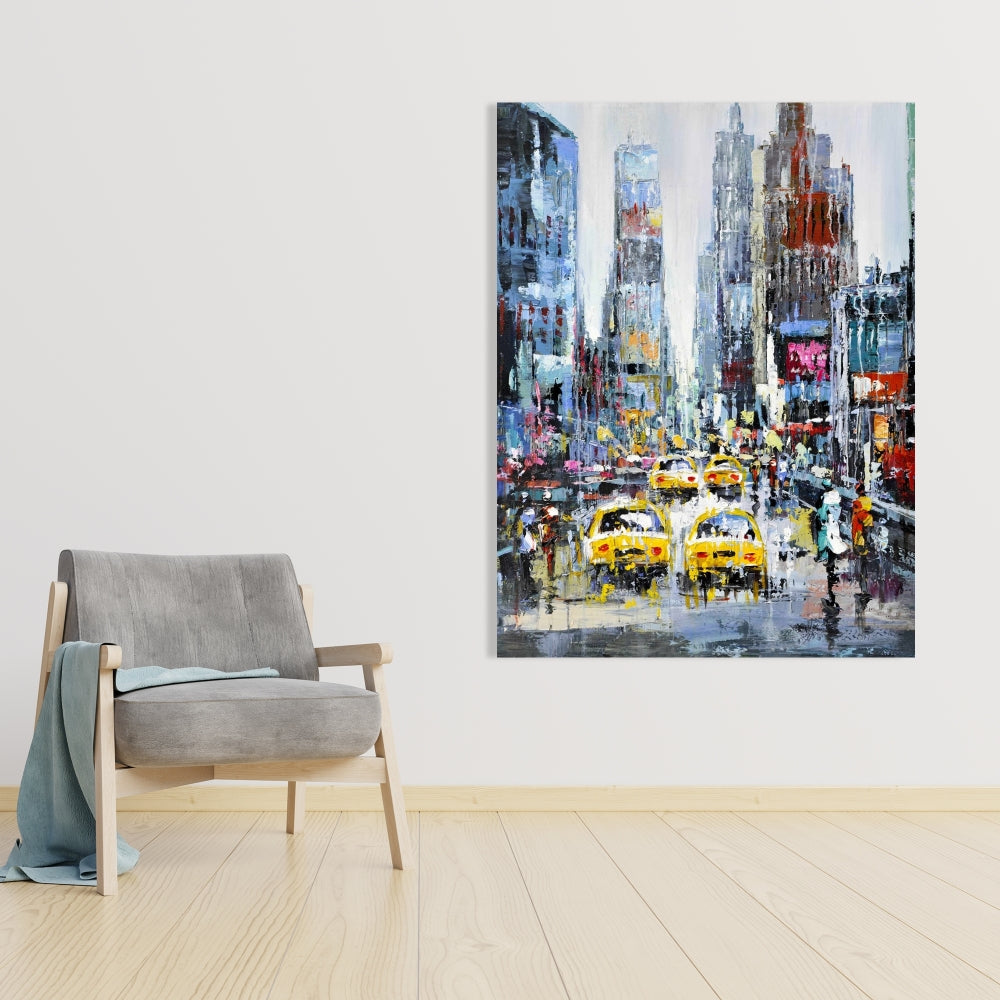 Contemporary Building Blue Canvas | Urban Scene with Yellow Taxis