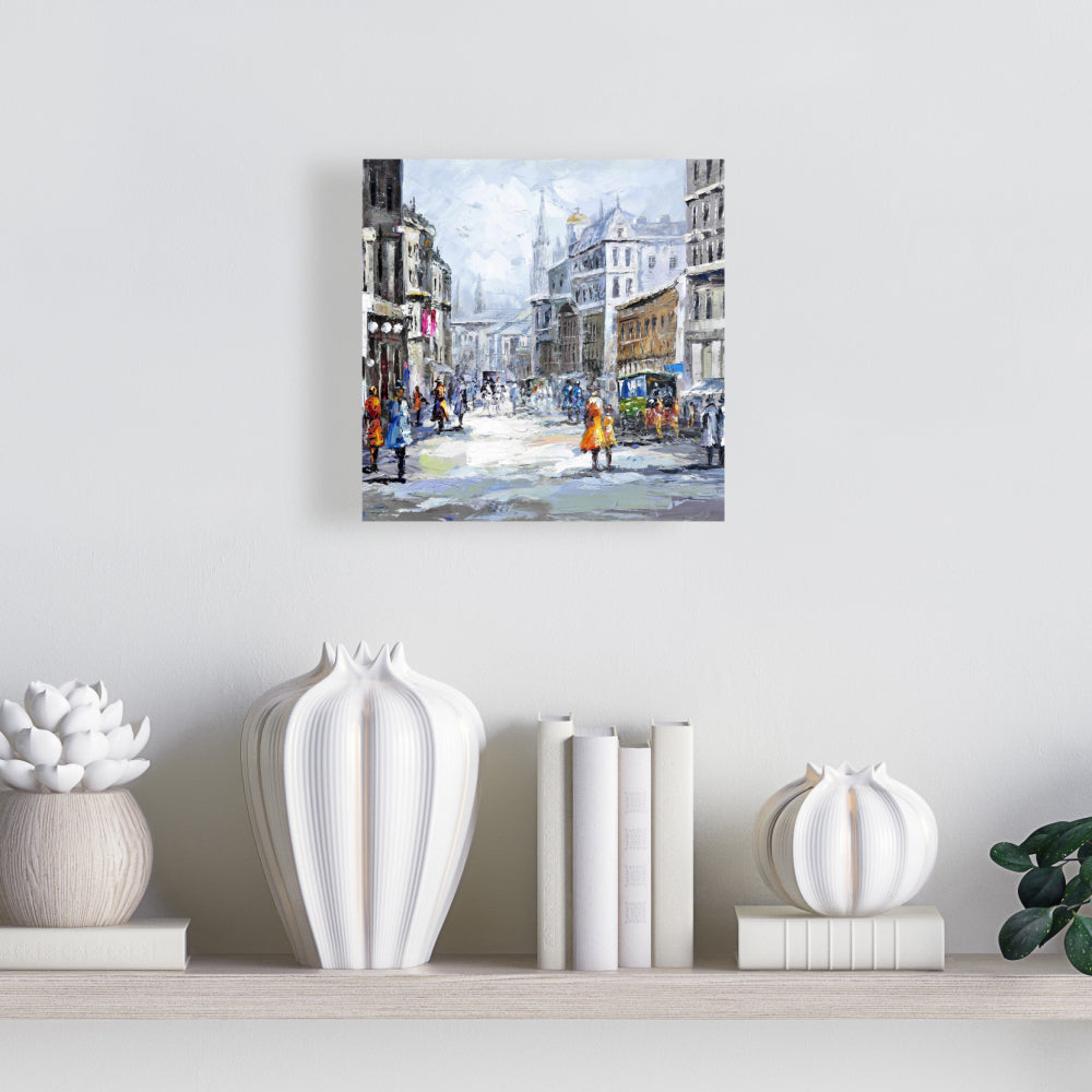 Busy Street Blue Building Canvas | Cloudy Day Home Decor