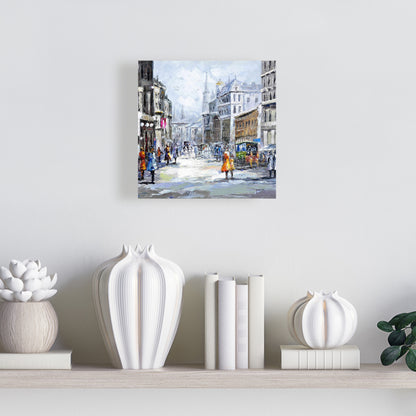 Busy Street Blue Building Canvas | Cloudy Day Home Decor