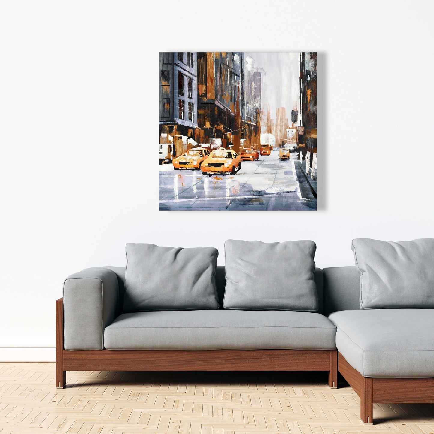 Big City Street Canvas with Yellow Taxi - Brown Bedroom Decor