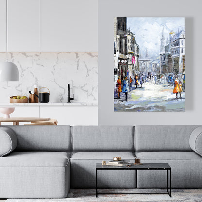 Busy Street Blue Building Canvas | Cloudy Day Home Decor