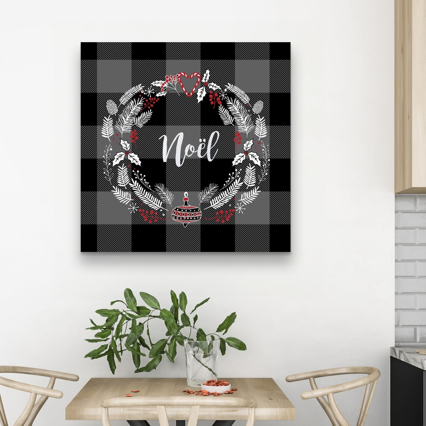 Couronne de Noël grise sur toile | Décoration murale pour cuisine