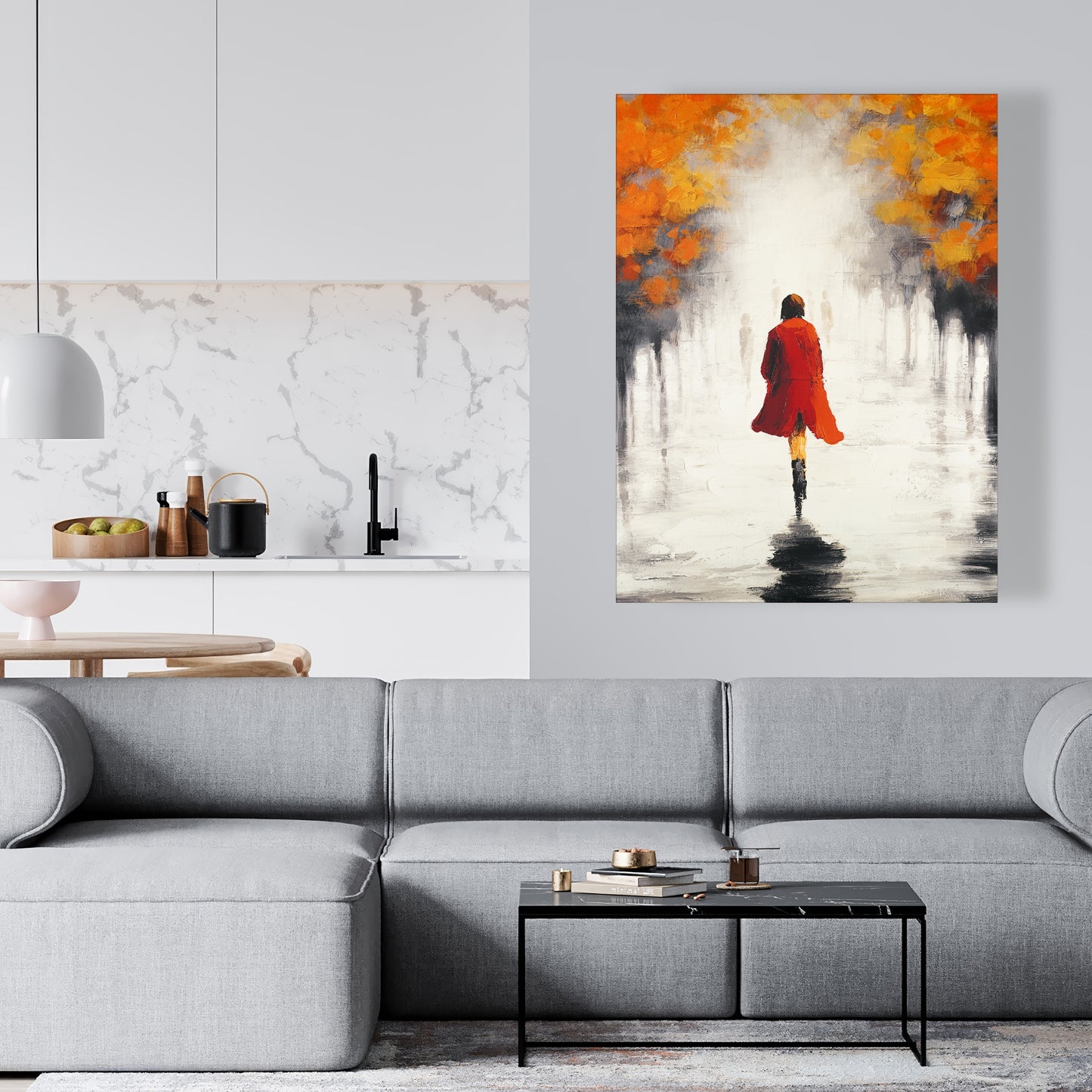 Contemporary Gray Trees Canvas - Woman in Red Coat Home Decor
