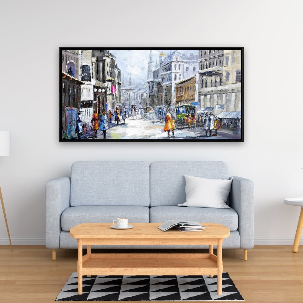 Rue animée par temps nuageux | Décoration murale sur toile bleue pour chambre à coucher