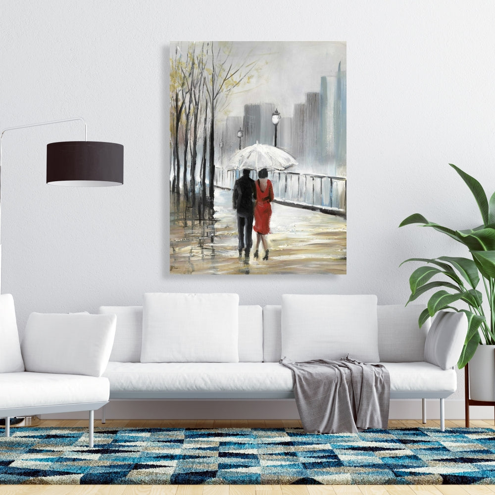 Couple marchant sous la pluie sur toile grise - Décoration de chambre à coucher avec arbres