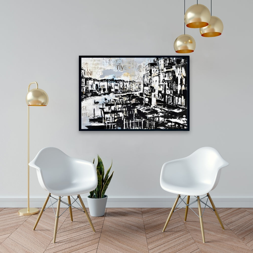 Décoration de chambre côtière | Toile abstraite bleue représentant le port de Venise