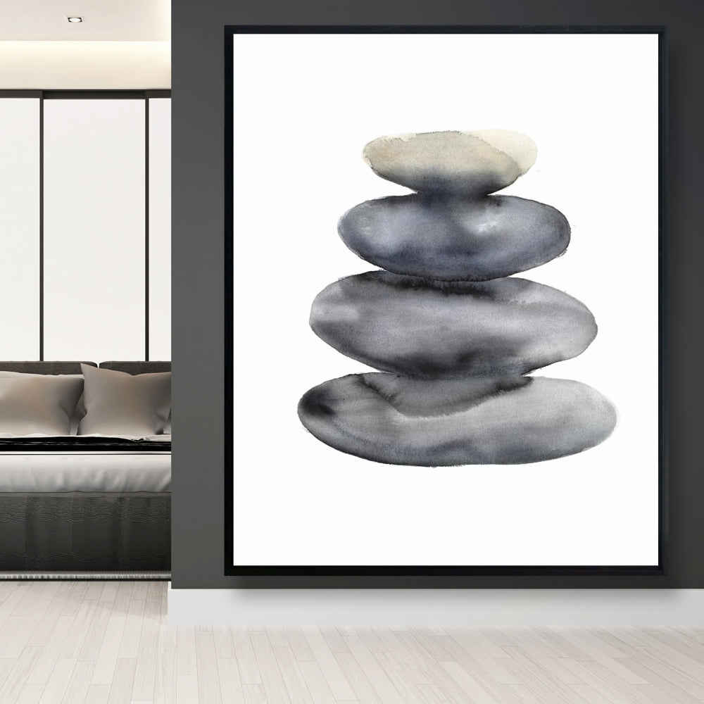 Toile encadrée grise - Nature morte avec quatre pierres chaudes et minéraux