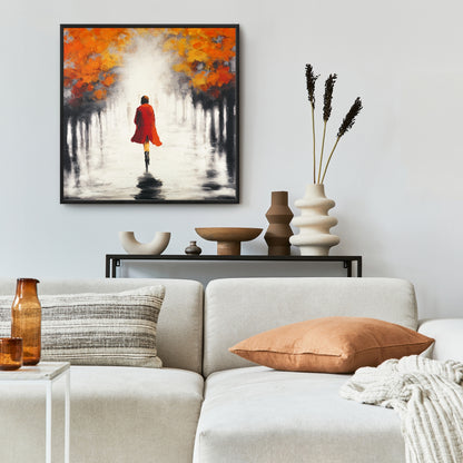 Toile Paysages gris et arbres | Décoration murale Femme en manteau rouge